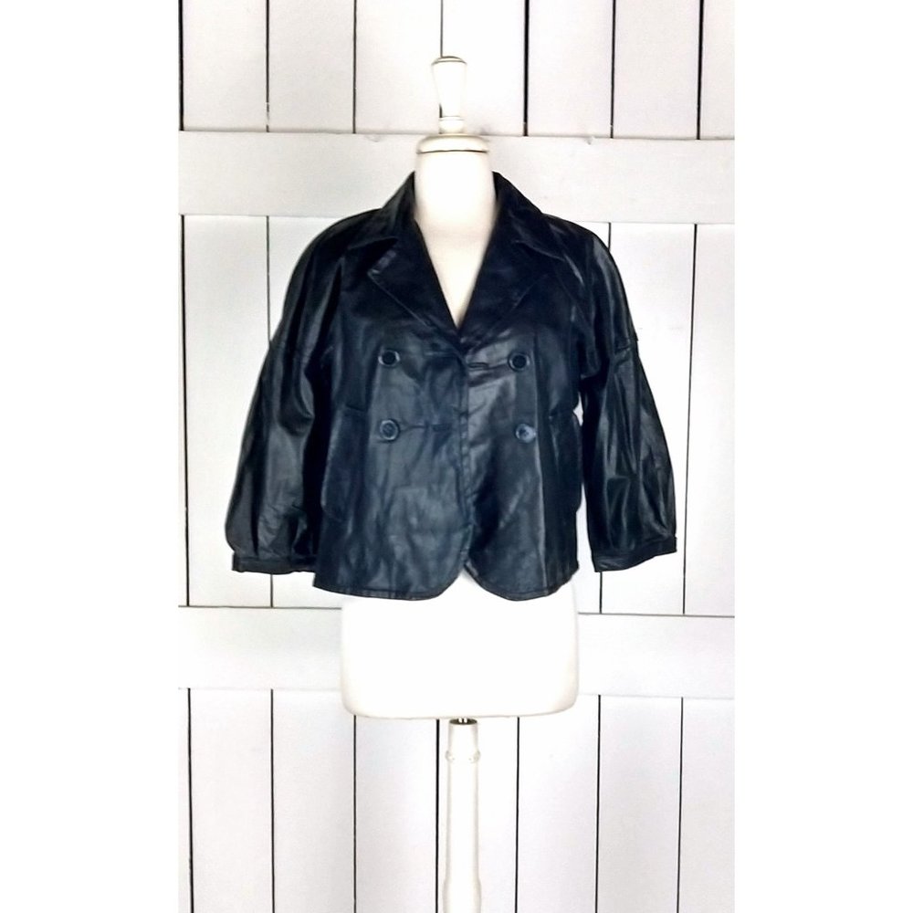 Tex by Max Azria cropped black leather blazer jacket small